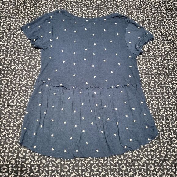 Jun & Ivy Navy Blue with White Hearts Loose Fit Flowy V-Neck Chic Boho Blouse  - Picture 6 of 9